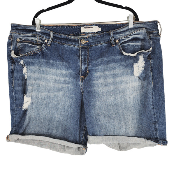 torrid Pants - Torrid Jean Shorts sz 26 x 7 Women Med Blue Distressed Roll Hem Whisker Stretch